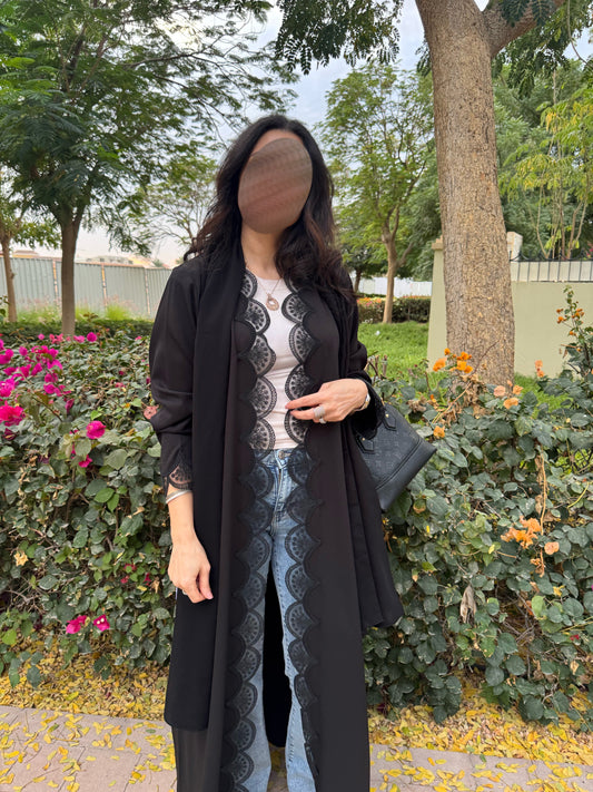 Dark lace abaya with nida fabric